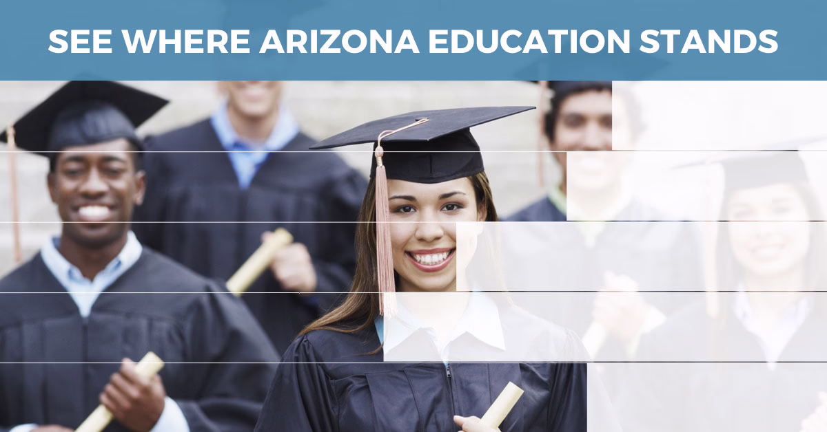 Graduates in caps and gowns holding diplomas, with text "See Where Arizona Education Stands" above