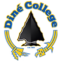 Diné College logo featuring a black arrowhead on a yellow and blue background with text "Diné College" and "Ahiłna’