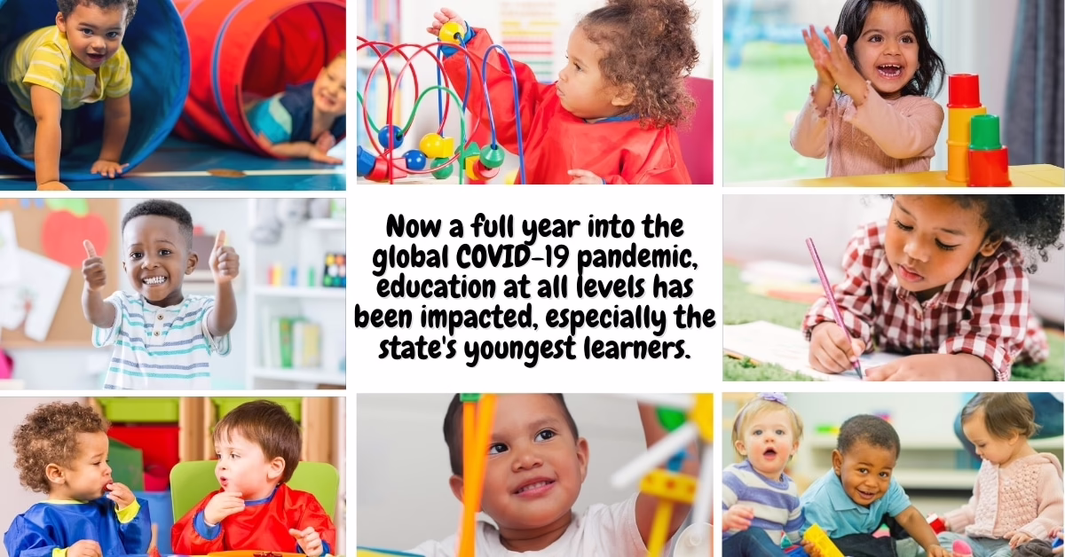 Children engaged in various educational activities, with text about the impact of COVID-19 on young learners' education