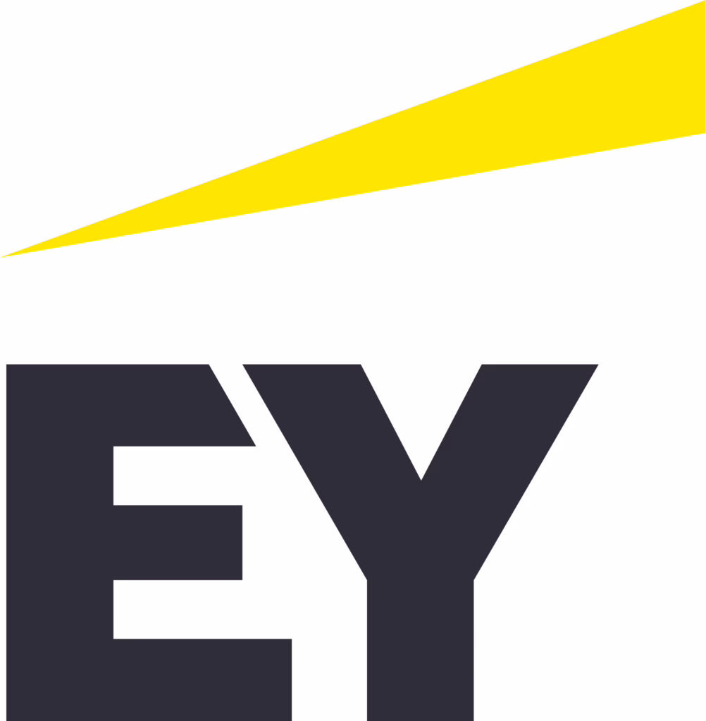 EY logo with bold black letters and a yellow upward slanting triangle above