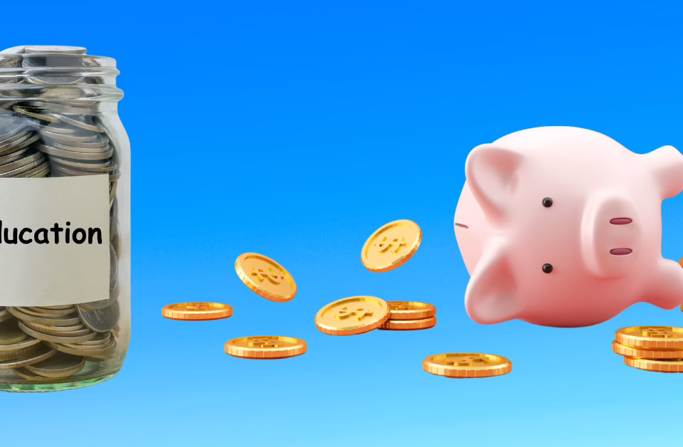 Jar labeled "Education" filled with coins next to a toppled piggy bank and scattered gold coins