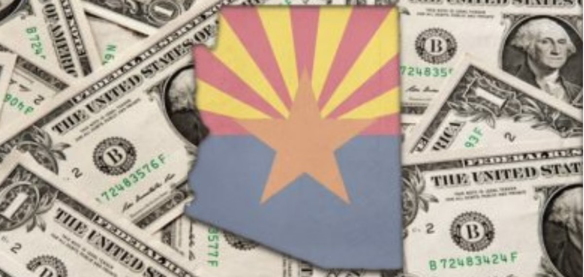 Arizona state outline with flag design on a background of U.S. dollar bills, highlighting education funding