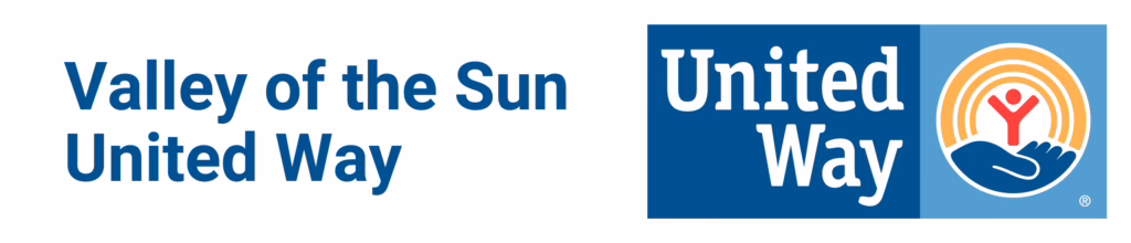 Valley of the Sun United Way logo with blue text and a symbol of a person in a hand under a rainbow