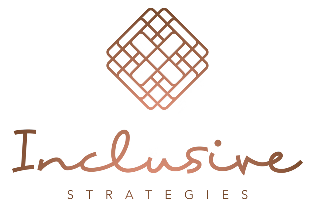 Geometric pattern above the words "Inclusive Strategies" in stylized brown font on a black background