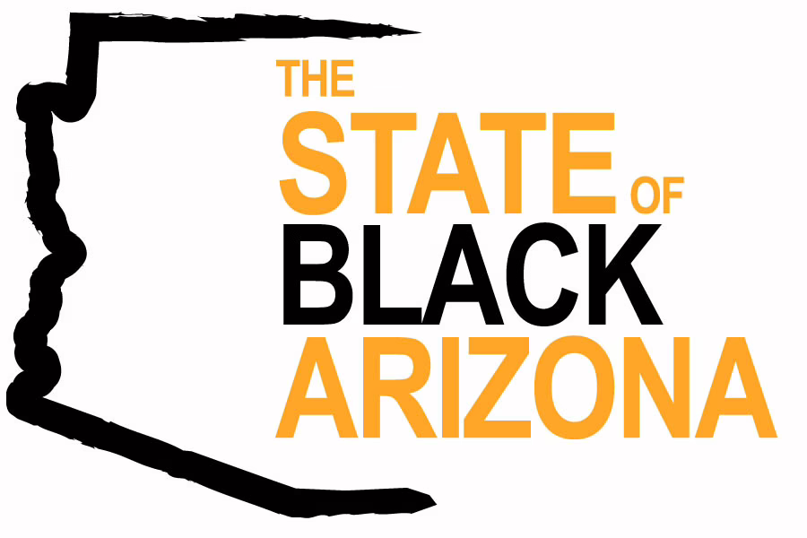 Outline of Arizona with text "The State of Black Arizona" in orange and black