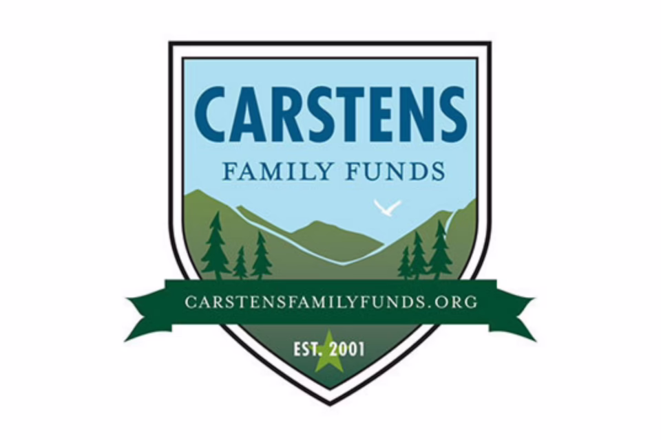 Carstens Family Funds logo with mountains, trees, and a bird. Text: "CarstensFamilyFunds.org, Est. 2001
