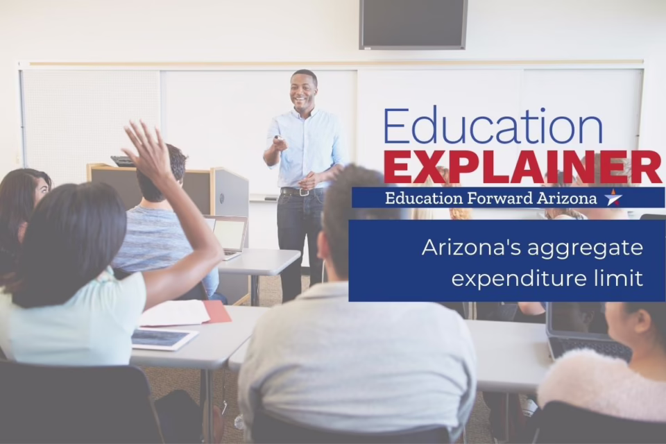 Teacher in classroom with students, text: "Education Explainer, Arizona's aggregate expenditure limit, Education Forward A...