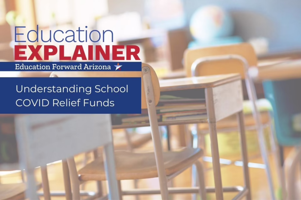 Text reads "Education Explainer: Understanding School COVID Relief Funds" over blurred classroom desks
