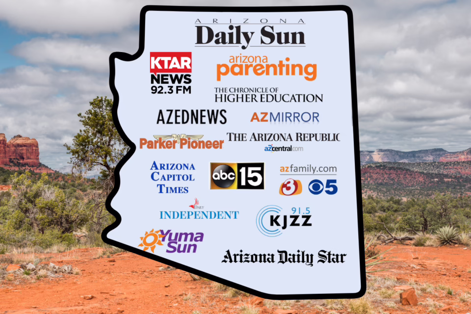 Logos of Arizona media outlets on a state outline, with a desert landscape in the background