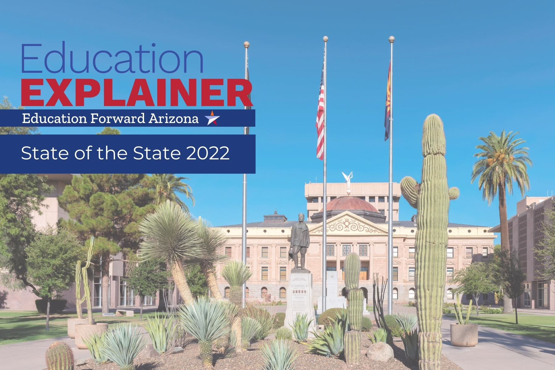 Education Explainer: Education Forward Arizona, State of the State 2022" over Arizona Capitol with flags and cacti