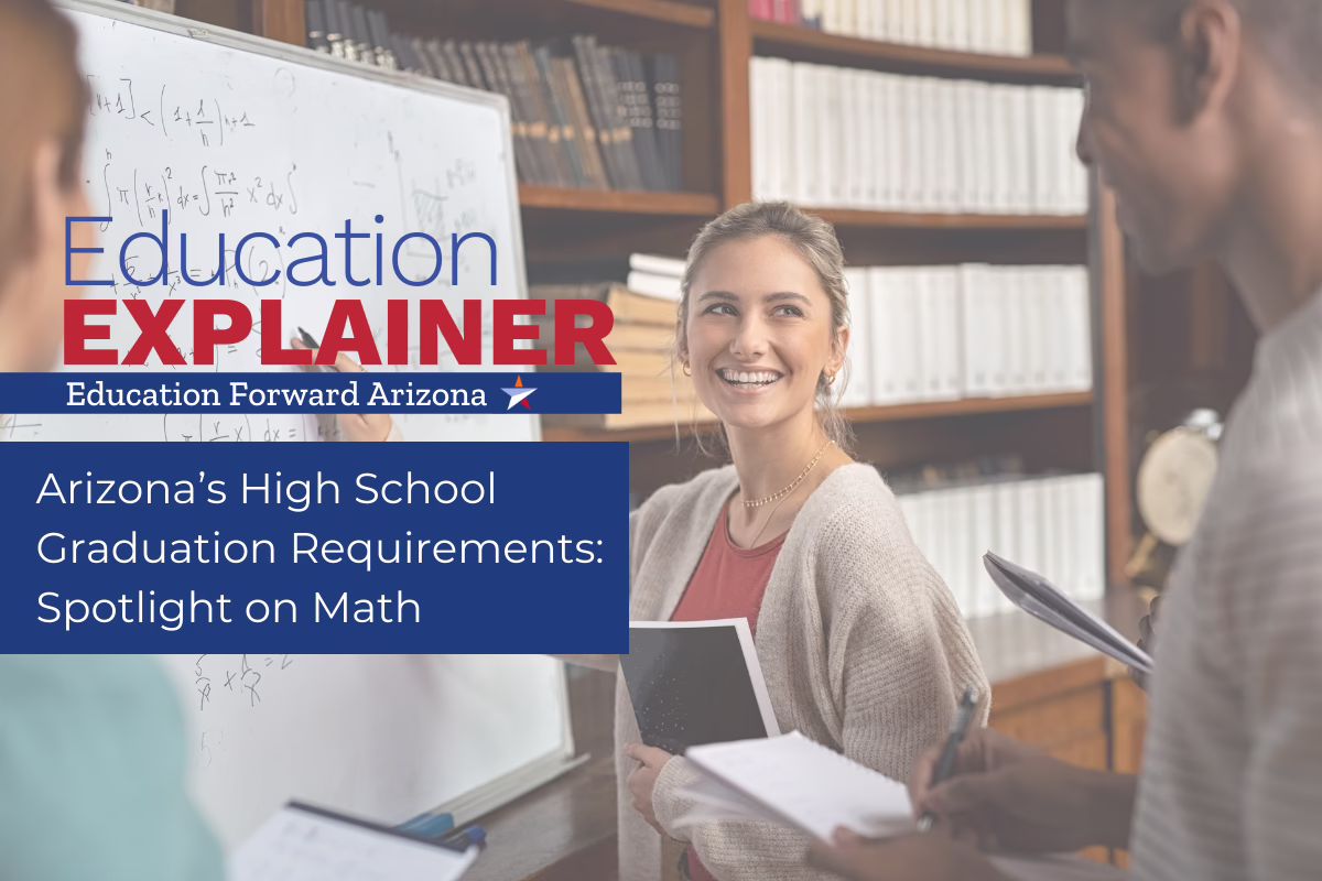Smiling woman with notebook near whiteboard. Text: "Education Explainer, Arizona’s High School Graduation Requirements