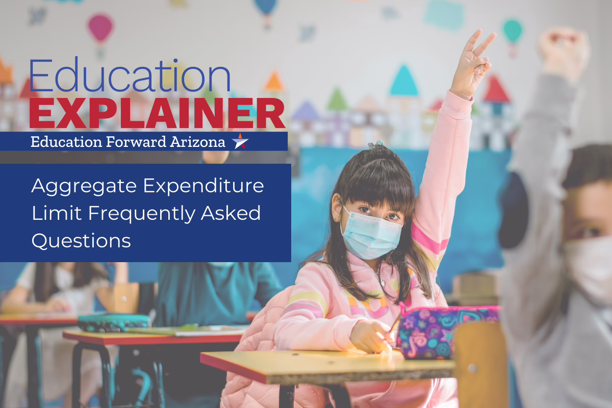 Children in a classroom raising hands, text reads "Education Explainer: Aggregate Expenditure Limit FAQs, Education Forwar...