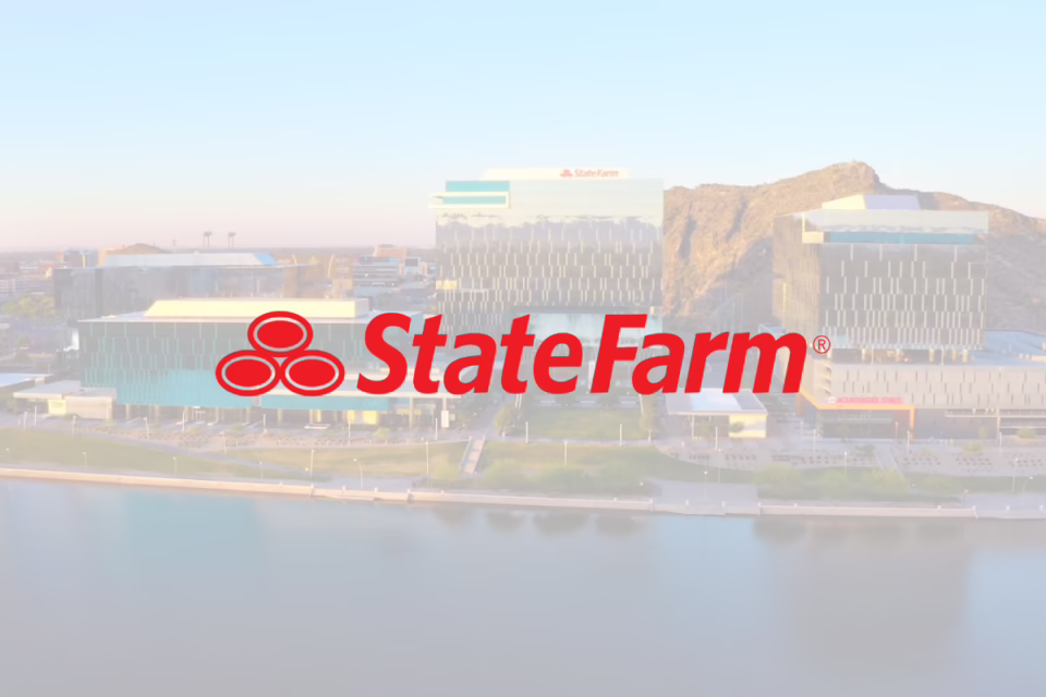 State Farm logo overlaid on an Arizona cityscape with buildings and a body of water