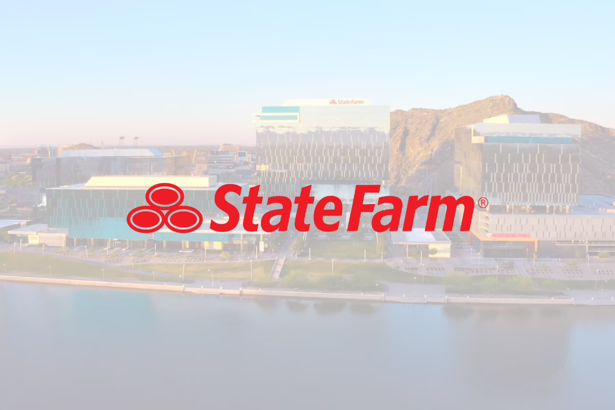 State Farm logo overlaid on an Arizona cityscape with buildings and a body of water