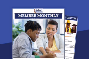Member Monthly" newsletter cover showing two people discussing paperwork, with a focus on education and opportunities