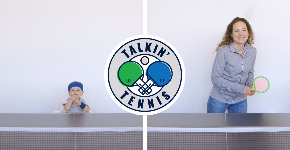 Baby and woman playing table tennis, with "Talkin' Tennis" logo in the center