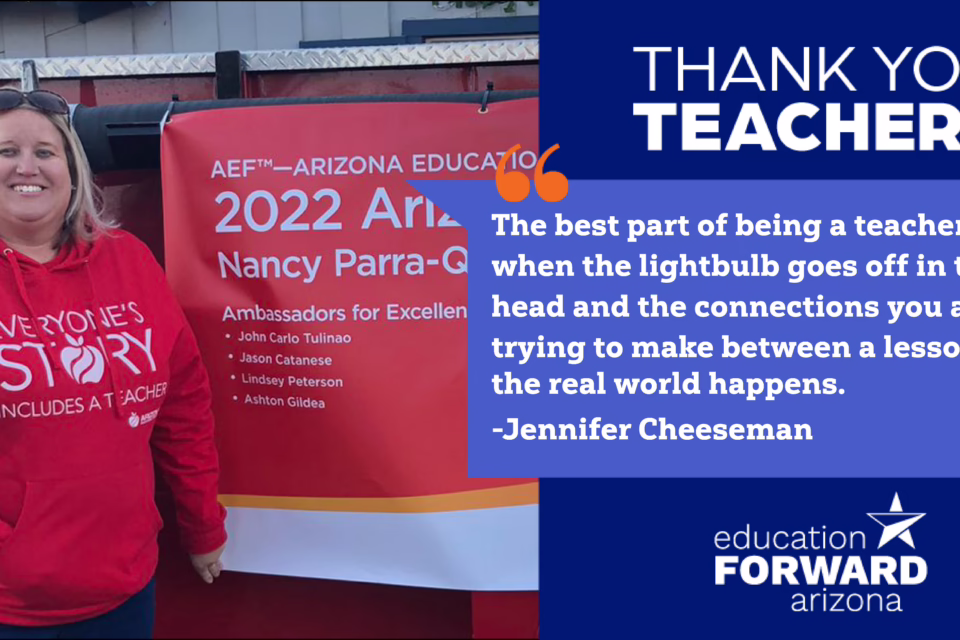 Woman in red hoodie beside a banner with a quote about teaching by Jennifer Cheeseman, thanking teachers