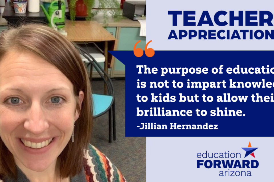 Smiling woman in a classroom. Quote: "The purpose of education is not to impart knowledge but to allow their brilliance to...