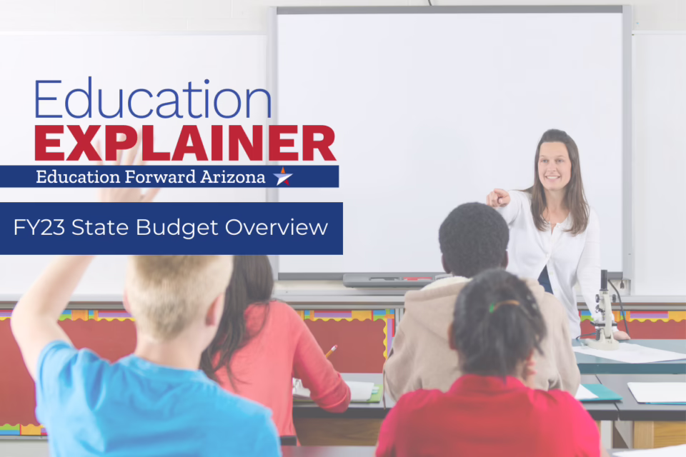 Teacher pointing at students in a classroom. Text: "Education Explainer, Education Forward Arizona, FY23 State Budget Over...