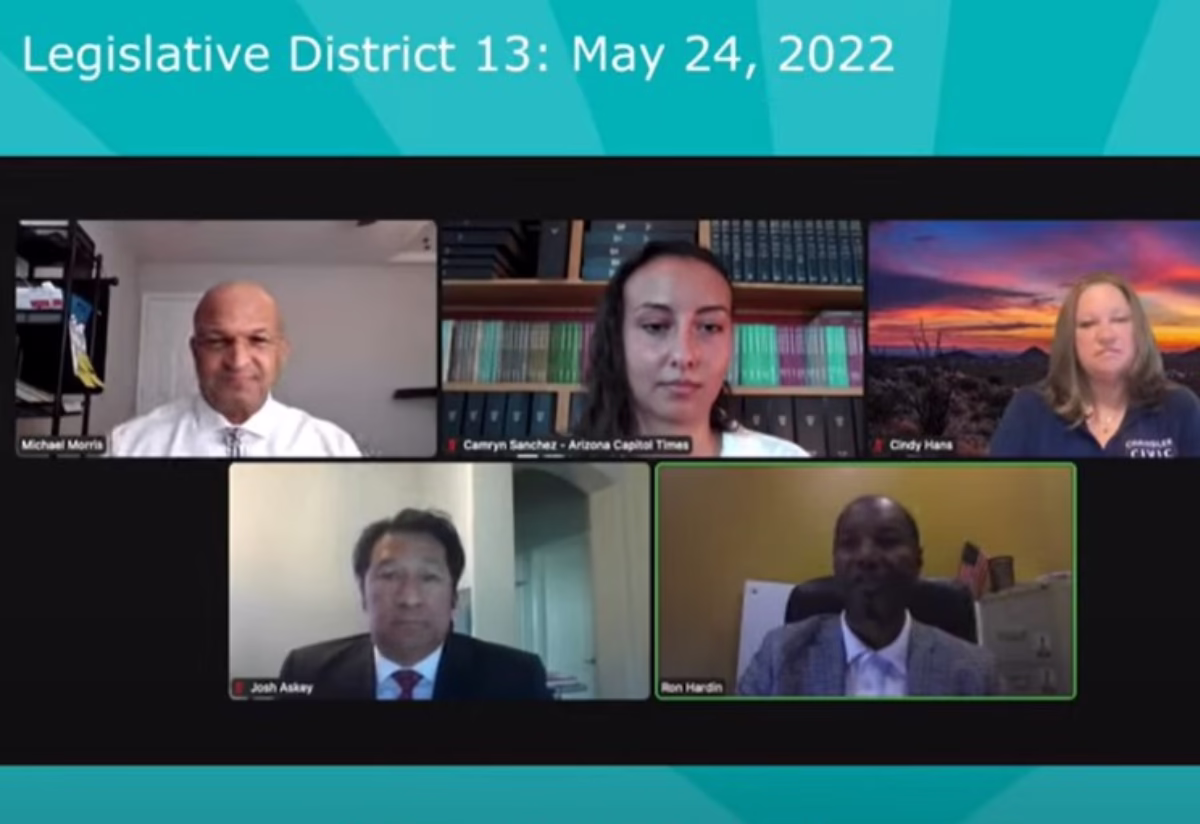 Five people in a virtual meeting for Legislative District 13 on May 24, 2022, discussing Arizona's education priorities
