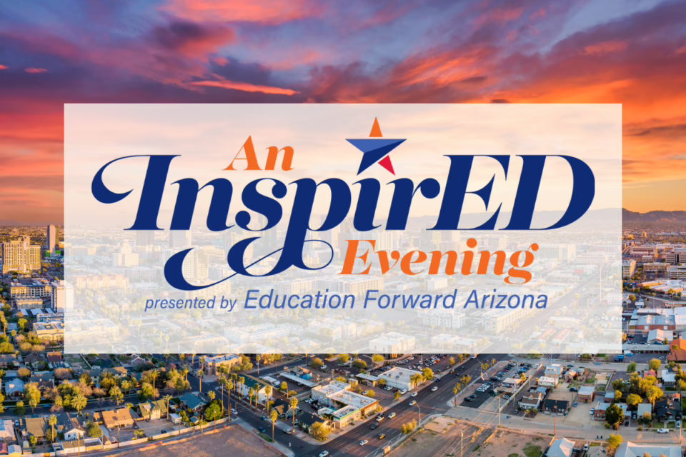 An InspirED Evening" text over a cityscape at sunset, presented by Education Forward Arizona