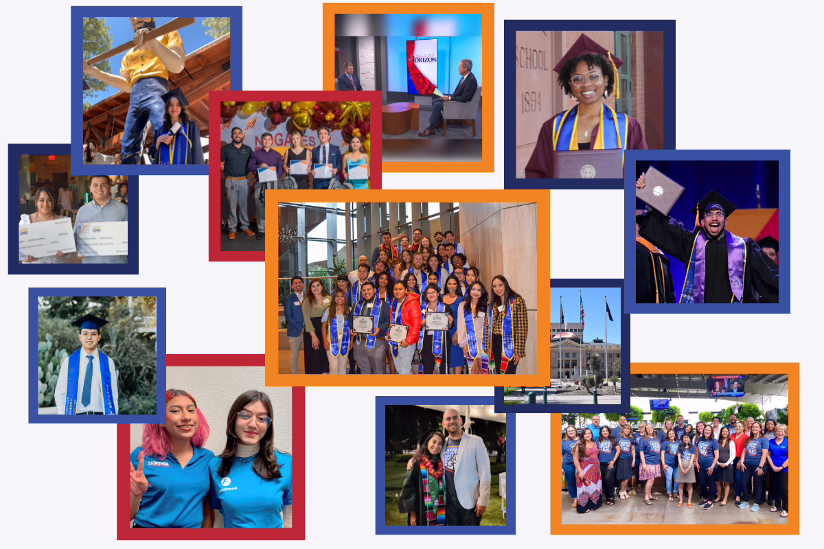 Collage of diverse graduates and groups celebrating Education Forward Arizona's first anniversary