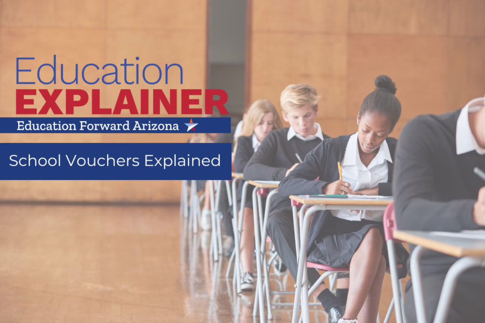 Students in uniforms writing at desks. Text: "Education Explainer, Education Forward Arizona, School Vouchers Explained