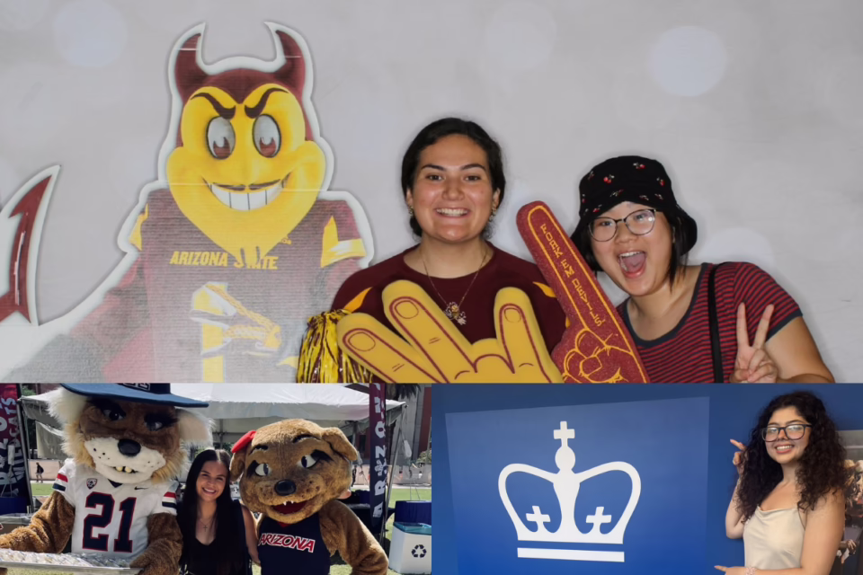 College Knowing Goings 2021-22 Student Ambassadors with Arizona State and Arizona mascots, and a Columbia University logo