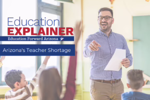 Smiling teacher in classroom with raised hands. Text: "Education Explainer: Arizona's Teacher Shortage, Education Forward ...