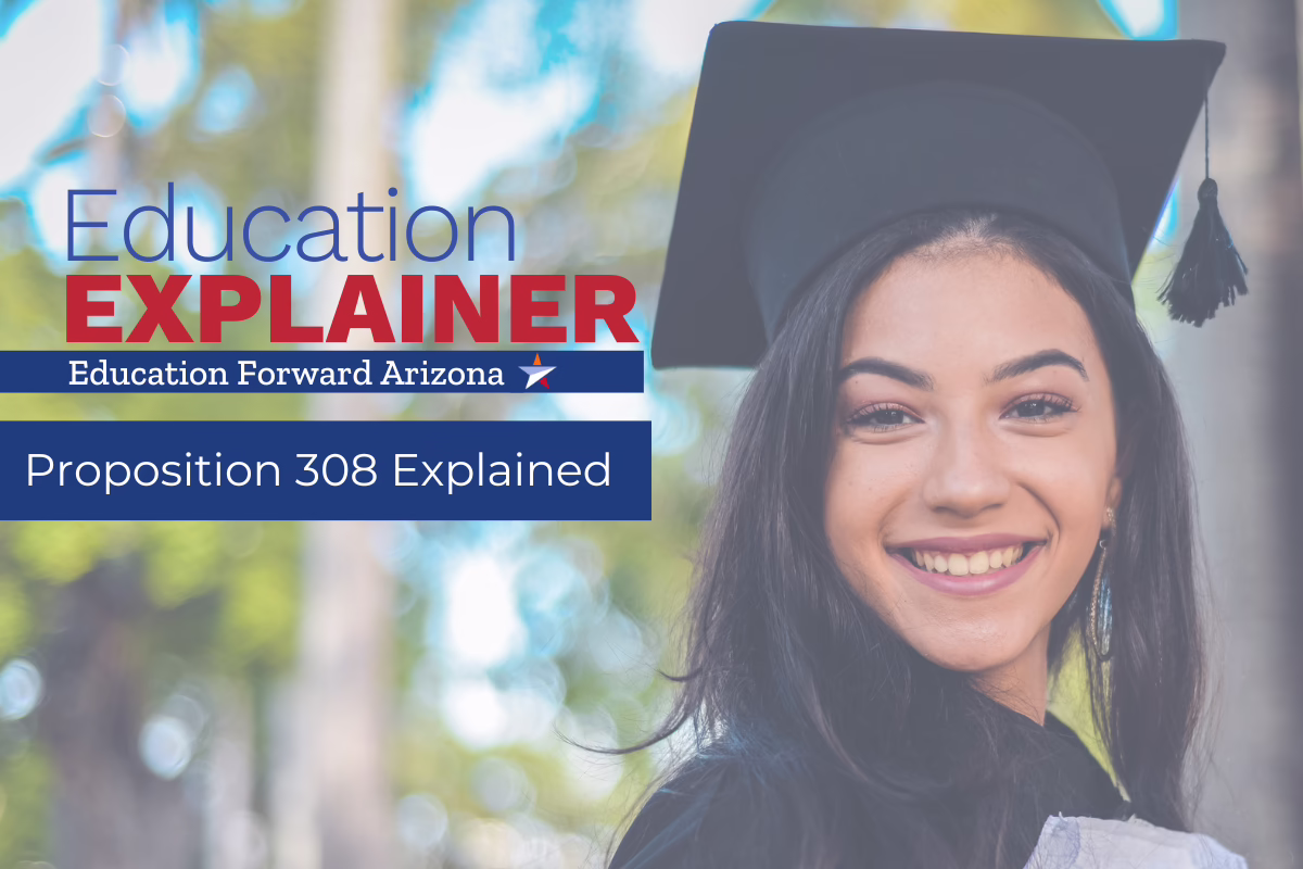 Smiling graduate in cap and gown with text: "Education Explainer, Education Forward Arizona, Proposition 308 Explained