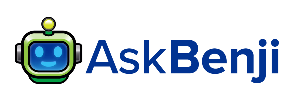 Robot icon with a smiling face next to the text "AskBenji" in blue