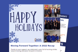 Happy Holidays card with snowflakes, photos of people, and text about Arizona education progress in 2022