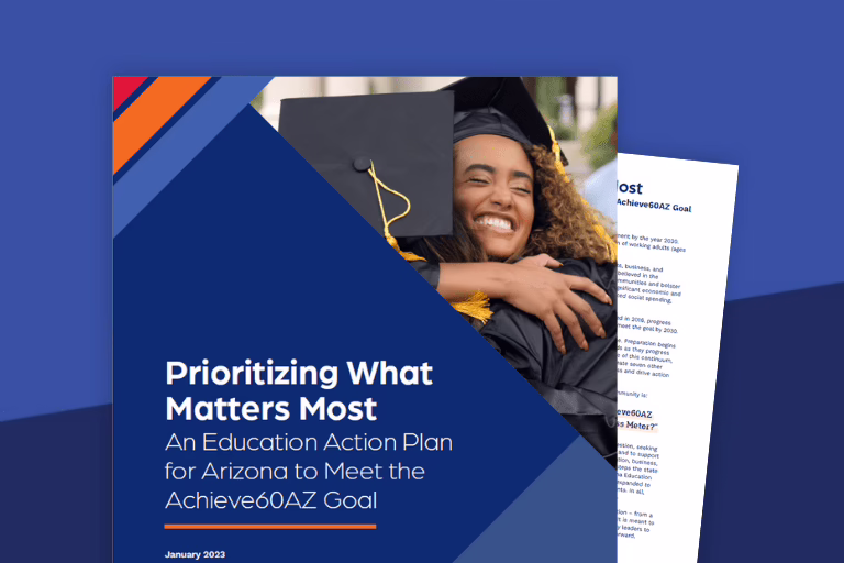 Cover of a report titled "Prioritizing What Matters Most" with a smiling graduate in a cap and gown