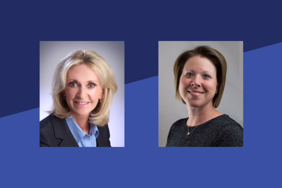 Two women smiling, set against a blue background, representing new leadership for the Arizona College Access Network