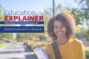 Smiling student holding notebooks, with text: "Education Explainer: Dual Enrollment in Arizona, Education Forward Arizona