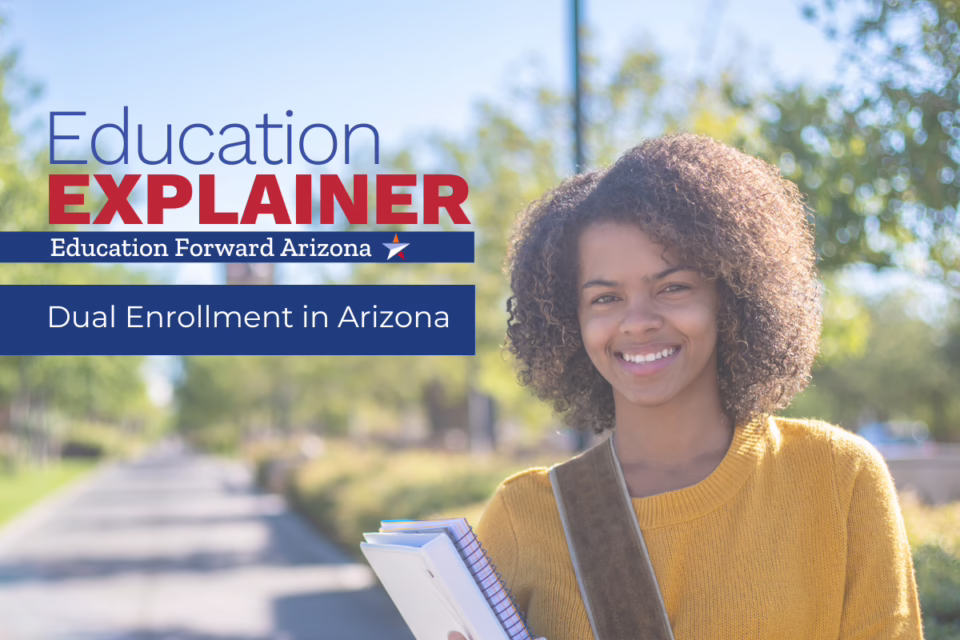 Smiling student holding notebooks, with text: "Education Explainer: Dual Enrollment in Arizona, Education Forward Arizona