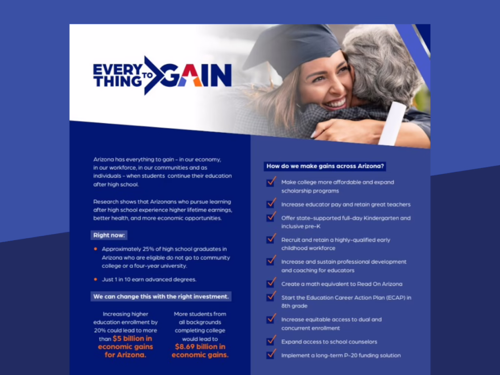 Everything to Gain" campaign poster for Arizona education, featuring a graduate hugging an older person and educational be...