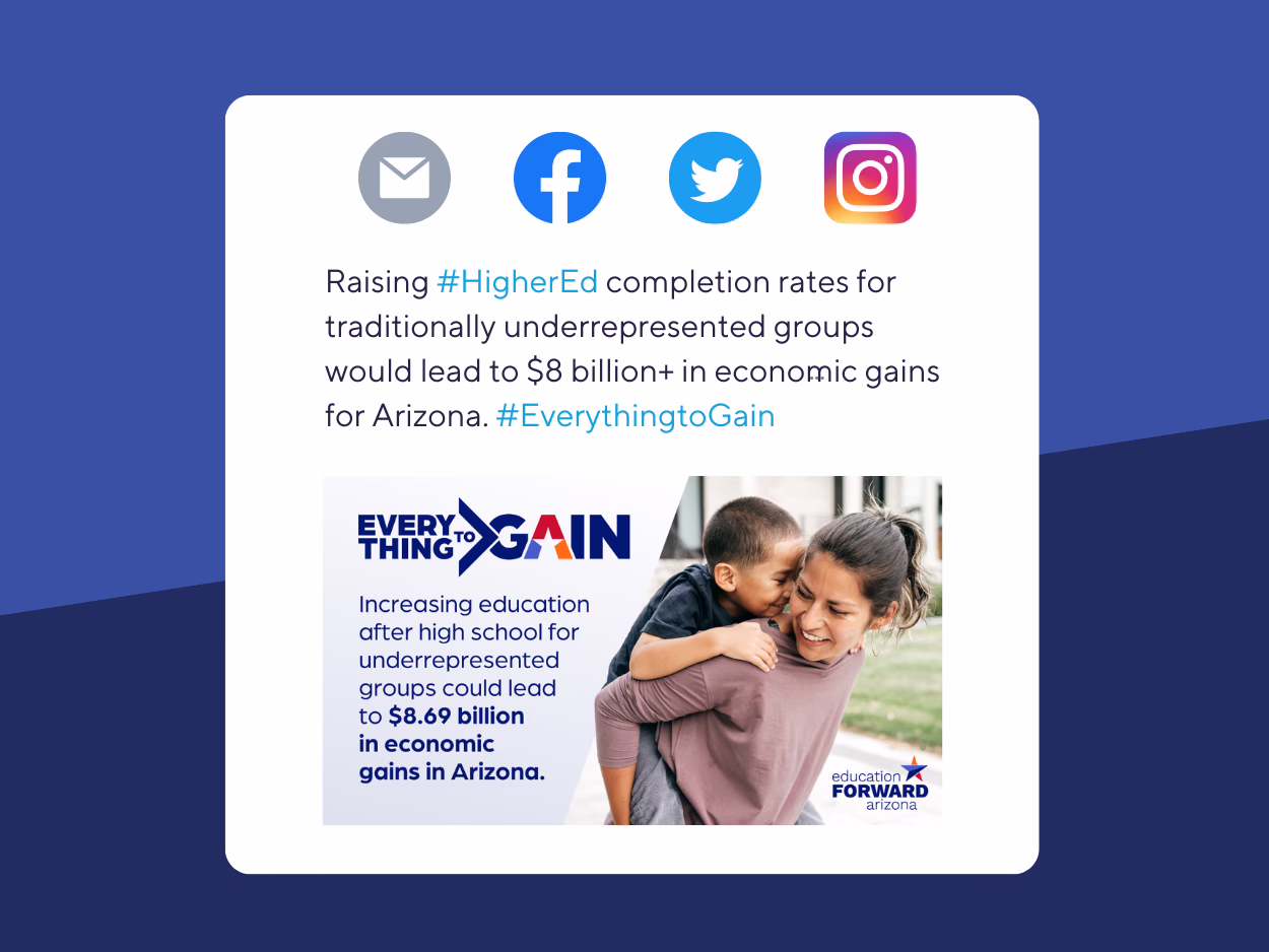Text promoting higher education for underrepresented groups in Arizona, highlighting $8.69 billion economic gains