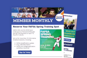 eNewsletter titled "Member Monthly" promoting FAFSA Spring Training on April 19, 2023, with sign-up details