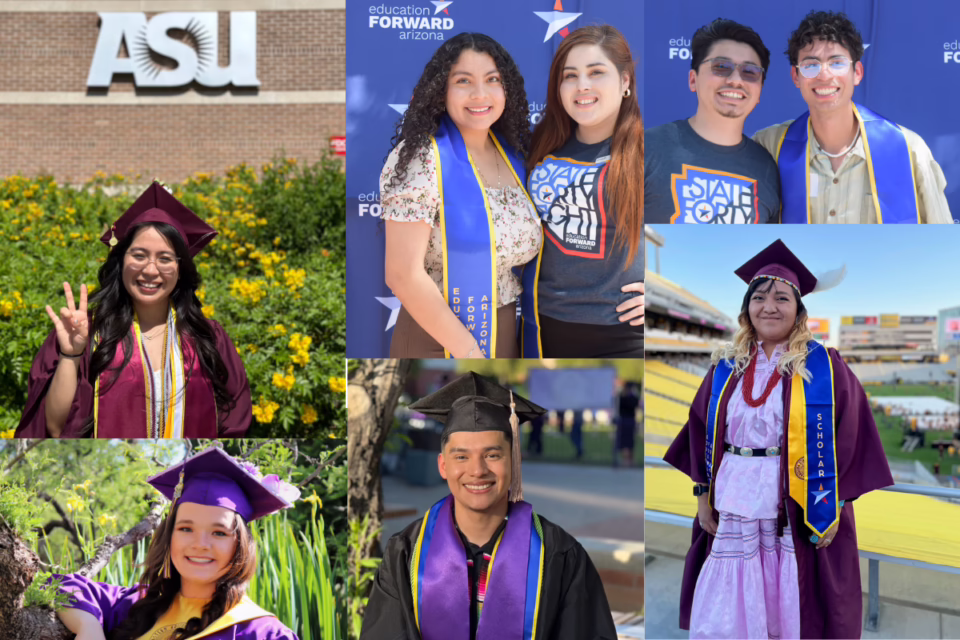 Graduates in caps and gowns celebrate at Education Forward Arizona event, with ASU signage and stadium in the background