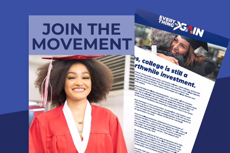 Graduate in red cap and gown smiling with "Join the Movement" text and a flyer titled "Everything to Gain