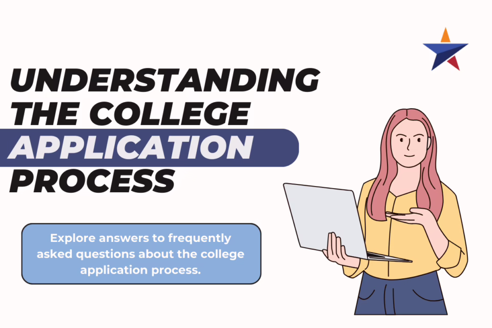 Understanding the college application process. Illustration of a person with a laptop. Explore FAQs about applications