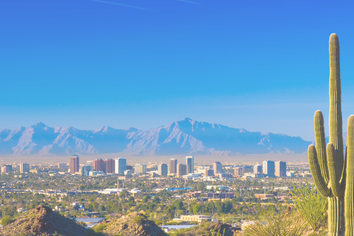 Phoenix skyline with mountains in the background and a cactus in the foreground under a clear blue sky