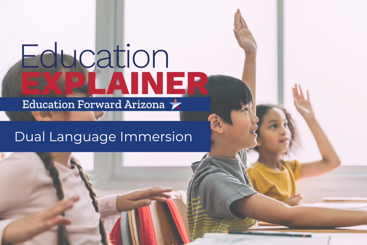Children raising hands in class with text: "Education Explainer, Education Forward Arizona, Dual Language Immersion