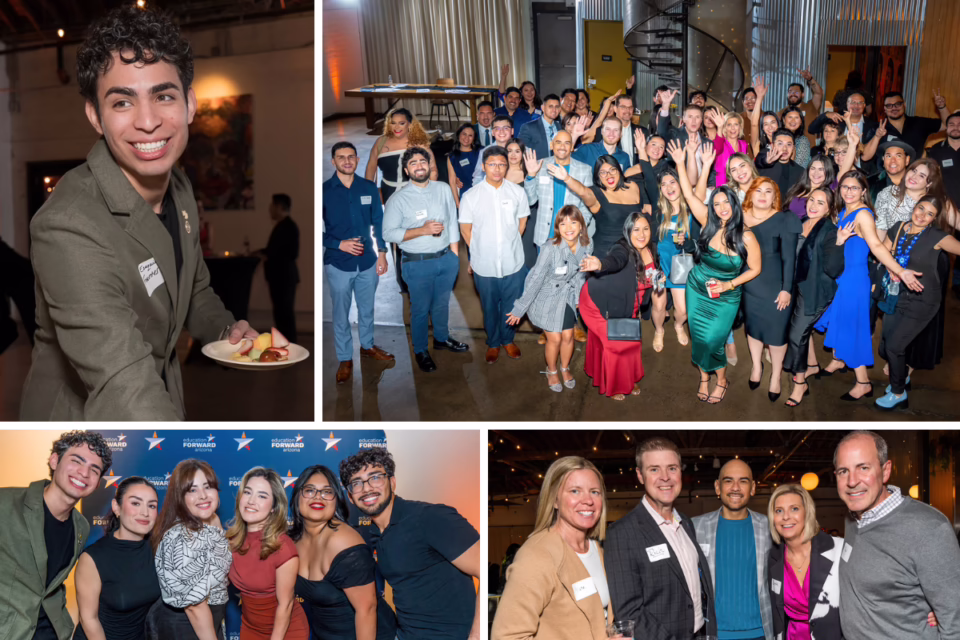 Groups of people at an event, smiling and posing for photos, highlighting Arizona's demand for educational access