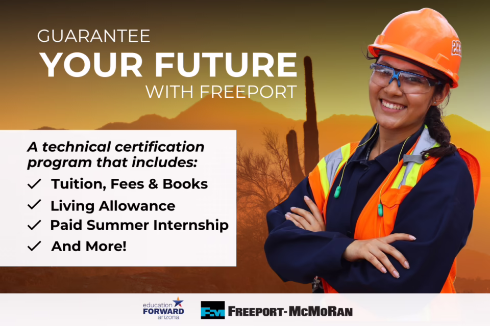 Smiling woman in safety gear with text: "Guarantee Your Future with Freeport. Tuition, Fees & Books, Living Allowance, Int...