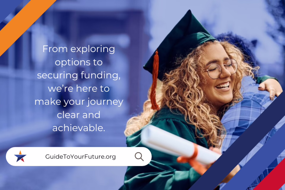 Graduate hugging someone, holding a diploma. Text: "From exploring options to securing funding, we’re here to make your jo...