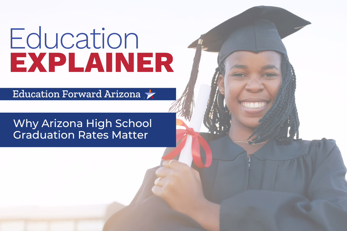 Graduate in cap and gown holding diploma, text reads "Why Arizona High School Graduation Rates Matter" by Education Forwar...