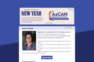 eNewsletter with "Happy New Year" message, AzCAN logo, and details about Spring 2025 CAP Training Course registration