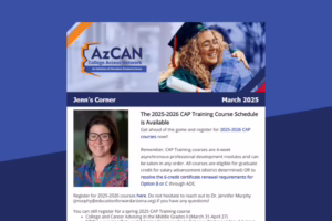 AzCAN eNewsletter featuring 2025-2026 CAP Training Course schedule, Jenn's Corner, and contact info for Dr. Jennifer Murphy